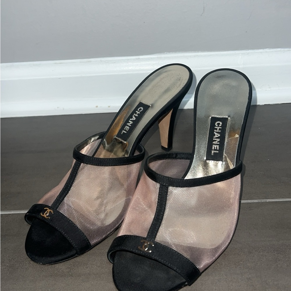 CHANEL black and mesh slip on heels size 40